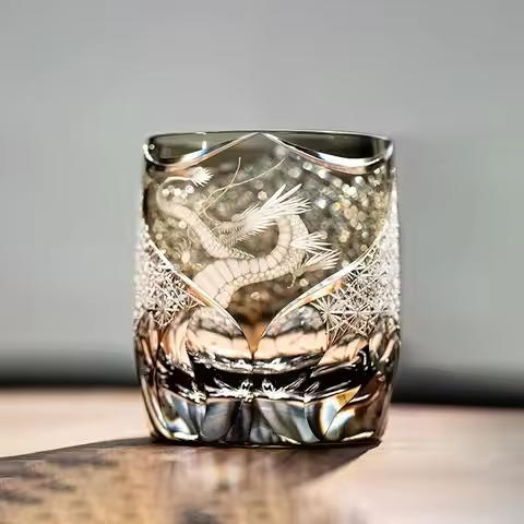 Chinese Style Loong Edo Kiriko Whiskey Glass Hand Engraved Dragon Amber Crystal Brandy XO Rock Wine 