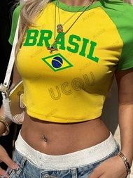 2025 New Summer Five-Star Brazil Women's T-Shirt Letter Pattern 90s Style Short-Sleeved Crop Top Str