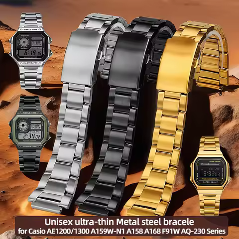 AE1200 Stainless Steel Strap for Casio AE1200/1300 A159W-N1 A158 A168 F91W AQ-230 Series Unisex ultr