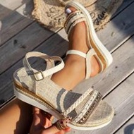 Beige Woven Strap Platform Sandal, Summer Wedge Thick Bottom Raffia Sole Fashionable Holiday Sandal,
