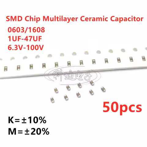 50pcs 0603 1608 SMD Capacitor 1UF 2.2UF 4.7UF 10UF 22UF 47UF 6.3V 10V 16V 25V 35V 50V 63V 100V X7R X