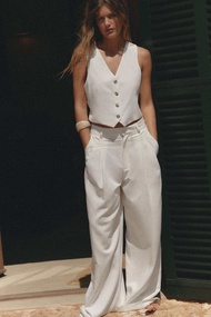 Zaraกางเกงขายาวผ้าลินินทรงกระบอกกว้าง