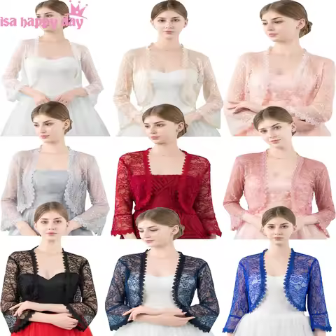 Elegant 2022 New Shares of Women Girls 3/4 Long Sleeve Black Lace Shoulders Cropped Bolero Jacket We
