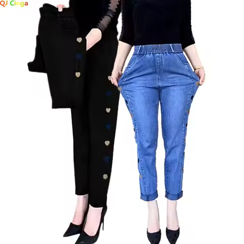 2026 New Women's Blue Embroidered Jeans, Elastic Waist Harlan Pants Fashion Casual Trousers Women Sl