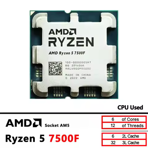 AMD Ryzen 5 7500F Used R5 7500F 3.7GHz CPU processor 6-Core 12-Thread 5NM L3=32M 100-000000597 Socke