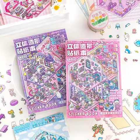 New Cartoon 3D Landscape Sticker Book PET DIY Cabin Scene Pocket Sticker Miniature House Sticker Cab