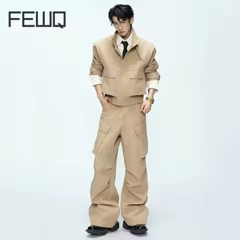 FEWQ Korean Style Men's Two-piece Solid Color Stand Collar Belt Silhouette Jacket Multi-pockets Plea