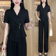 2025 Fashion Temperament Slim Design V-neck Short-sleeved Top Straight Pants Two-piece Set for Women