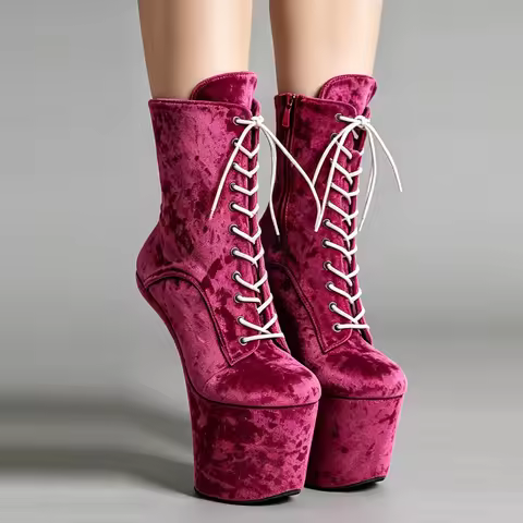 8 Inch Faux Fur Lace Up Heelless Platform Ankle Pole Dance Shoes Fashion Boots