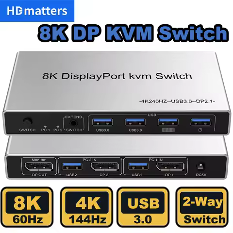 8K Displayport KVM Switch 4K@144hz 2-port USB KVM 8K Displayport 1.4 Switch KVM Dp switch mouse&keyb