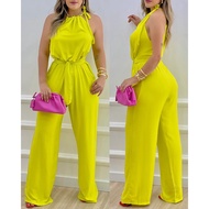 Elegant Ofifce Women Sleeveless Tied Detail O Neck Jumpsuit Overalls Party Jumpsuit Wide Leg Workwear y2k Clothes Korean Style
