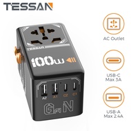 100W GaN Universal Travel Adapter, TESSAN Travel Adapter Worldwide with 4 USB, 2 Type C 2 USB Slots 10A, International Plug Adaptor, Grounded Wall Charger, Power Adapter for UK