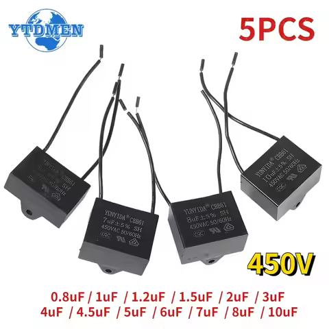 5PCS CBB61 Capacitor 450vac Fan Starting Capacitors 450V 0.8uF 1uF 1.2uF 1.5uF 2uF 3uF 4uF 4.5uF 5uF