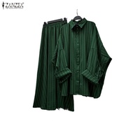 ZANZEA Women's A-Line Midi Stripe Two-Piece Set for Commuting & Leisure