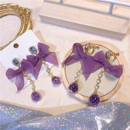 Feina VINASHOP Korean Version Retro Amethyst Ball Long Chain Chiffon Bow Earrings [Ready Stock] AC33
