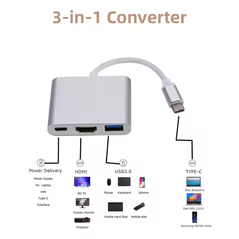 USB 3.1 Converter USB C to HDMI Type C HDMI Adapter 3 in 1 Type C to HDMI HDMI/USB 3.0/Type-C Alumin