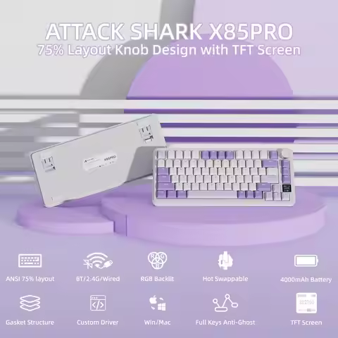 ATTACK SHARK X85Pro Hot Swappable Mechanical Gaming Keyboard,TFT Display & Knob,BT5.1/2.4Ghz/USB-C,R