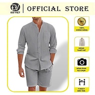 Đồ Bộ Linen Nam Gồm Áo Sơ Mi Dài Tay + Quần Short Cạp Chun Kèm Dây Rút Trẻ Trung, Năng Động