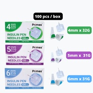 Primes Disposable Insulin Pen Needles | 4mm 32G / 5mm 31G / 6mm 31G | (100pcs/per box)