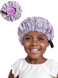 1頂兒童帽子,帶有印花鈕扣,雙層&amp;絲緞內裡,休閒日常穿著,透氣舒適的睡眠帽