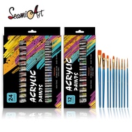 Seamiart [Ready Stock] 12/24 Colors Acrylic Paint Set 12ml Tube Acylic Paint with 10pcs Painting Bru