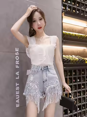 Luxury Beading Sequin Tassel Denim Short Women Summer New High Waist Raw Edge Slim Hot Pants Fashion