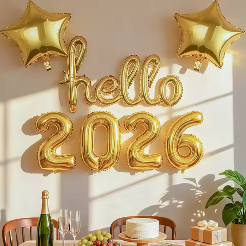 7pcs/set Hello 2026 New Year Aluminum Foil Balloon Set Including A Golden Conjoined Hello Balloon A 