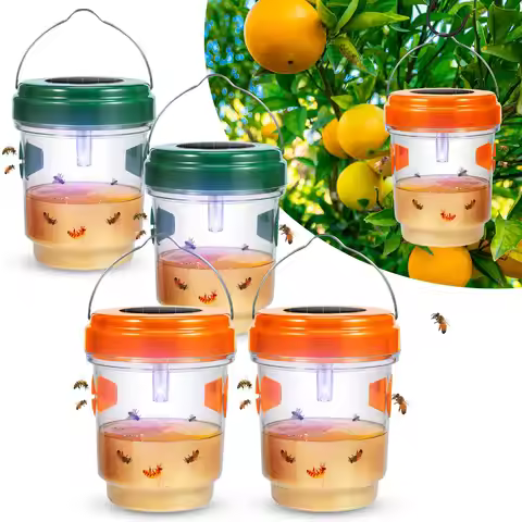 Wasp Trap 4 Pack Solar Powered Bee Repellent Outdoor Hanging Hornet Killer with Light Flying Insect