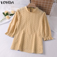 แขนพองลำลองธุรกิจของผู้หญิง VONDA เสื้อหนาเสื้อสวมศีรษะคอกลมที่เป็นทางการสง่างาม (ลำลองเกาหลี) #2
