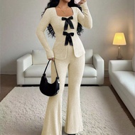 Women's Elegant Cloud-Like Fleece Ribbed Bowknot Collar Long Sleeve Cinched Waist Top And Flare Pant