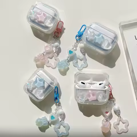 Korea INS 3D Star Love Heart Transparent Case For AirPods 1 2 Pro 4 Cases With Keychain Fashion Girl