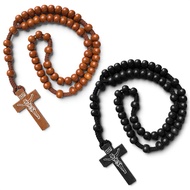 2Pcs Wooden Beads Rosary Necklace - Handmade Wooden Crosses Pendant Necklace Jesus Cross Necklace fo