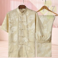 男装 Men Shirt Ice Silk Jacquard Loong Chinese Blouse Tang Suit Short Sleeve Blouse Set Plus Size Man 