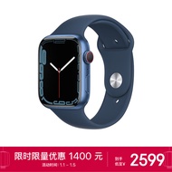 Apple Watch Series 7 智能手表GPS + 蜂窝款45 毫米蓝色铝金属表壳深邃蓝色运动型表带 电话运动手表S7