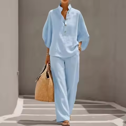 Women's Casual Loose Cotton And Line Pant Sets Fashion Solid Three Quarter Shirts Outfits Summer Ele