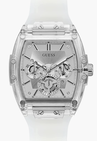 GUESS Mens Casual Multifunction GW0203G2 GW0203G1 GW0203G3 GW0203G4 GW0203G5 GW0203G7 43mm Watch White Skeleton Dial &amp; White Silicone Strap