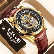 {Miracle Watch Store} LIGE นาฬิกาข้อมือควอตซ์นาฬิกาอัตโนมัติแบรนด์หรูชั้นนำสำหรับสุภาพบุรุษสายหนังกันน้ำ