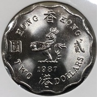L2.18香港貳圓 1987年  [大皇冠二元]【全新UNC未使用--超級爆光靚品/市場極少有/超強原廠車輪轉光】【英女王 伊利沙伯二世】 香港舊版錢幣・硬幣 $480 (L2.18)