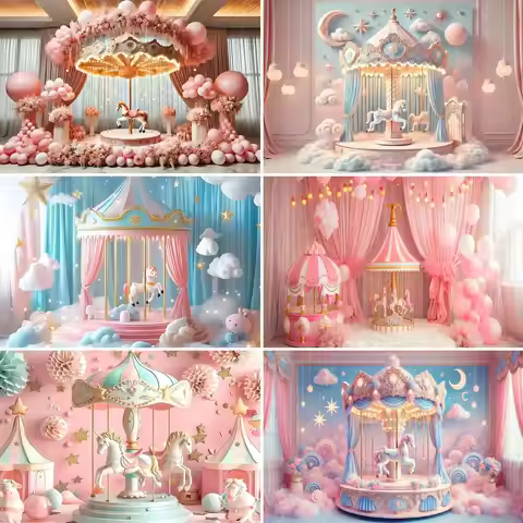 Dreamy Circus Carousel Theme Background Pink Stars Clouds Princess Room Decoration Newborn Baby Birt