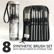 GIFTBOX SPECIAL! 8-pc. Synthetic Brush set w/ Taklon Bristles, Brush Wrap &amp; Tube- for Watercolor, Gouache, Acrylic &amp; Oil (BLACK)
