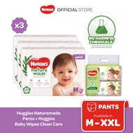 Huggies Naturemade Pants M58/ L44/ XL38/ XXL26 (3 packs) + Huggies Baby Wipes Clean Care (2 Packs)