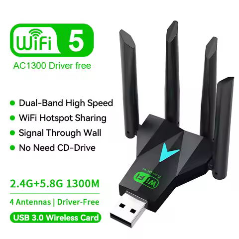 Dual Band 1300Mbps WiFi USB Adapter 2.4G/5Ghz Wi-Fi Dongle USB3.0 802.11AC 4-Antenna Wireless Receiv