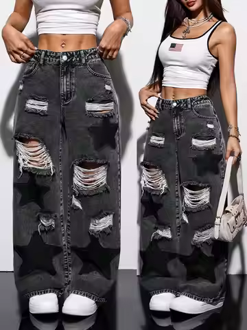 Y2K Women's Acid Wash Ripped Wide Leg Jeans, Star Patch, Vintage Style, Y2K Streetwear