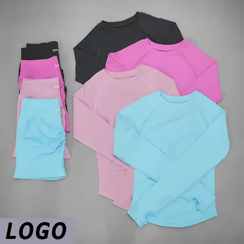LOGO DF Women 2‑Piece Ribbed Seamless Knit Yoga Set Long Sleeve Cropped Top Tummy Control Elastic Sh