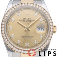 二手勞力士 Datejust 36 男士腕錶，鑲嵌 10 顆鑽石，鑽石錶圈，蠔式錶圈，型號 126283RBR，附原廠錶盒、保固卡，18K 黃金/不鏽鋼材質，香檳色顏色，成色極佳。