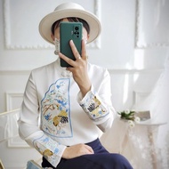2026 Autumn New Arrival Cloud Crane Embroidery Stand Collar Frog Button Flare Sleeve Imitation Silk 