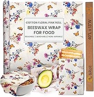 Beeswax Wrap Roll - Cotton Floral Print - 13 x 40 Inches - Reusable Food Storage Wrap - Washable - Non-Wrinkle - Cut to Size - for Bread, Cheese, Fruits &amp; Vegetables