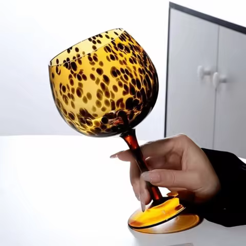 Elegant Vintage Amber Leopard Goblet Glass Heat-resistant Drink Cup Art Style Lightweight Leopard Sp