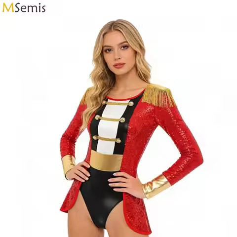 Womens Circus Ringmaster Majorette Carnival Cosplay Costumes Long Sleeve Allover Sequin Master Lion 