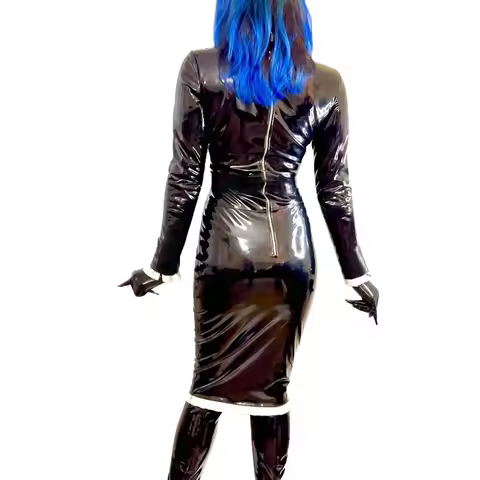 Plus Size Bodycon Dresses for Women Turtleneck Thigh Length Long Sleeve Tight Dress Glossy PVC Leath